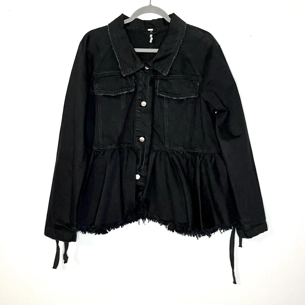 Free People Black Raw-Edge Denim Jacket with Side Tie Details NWT - Picture 6 of 16